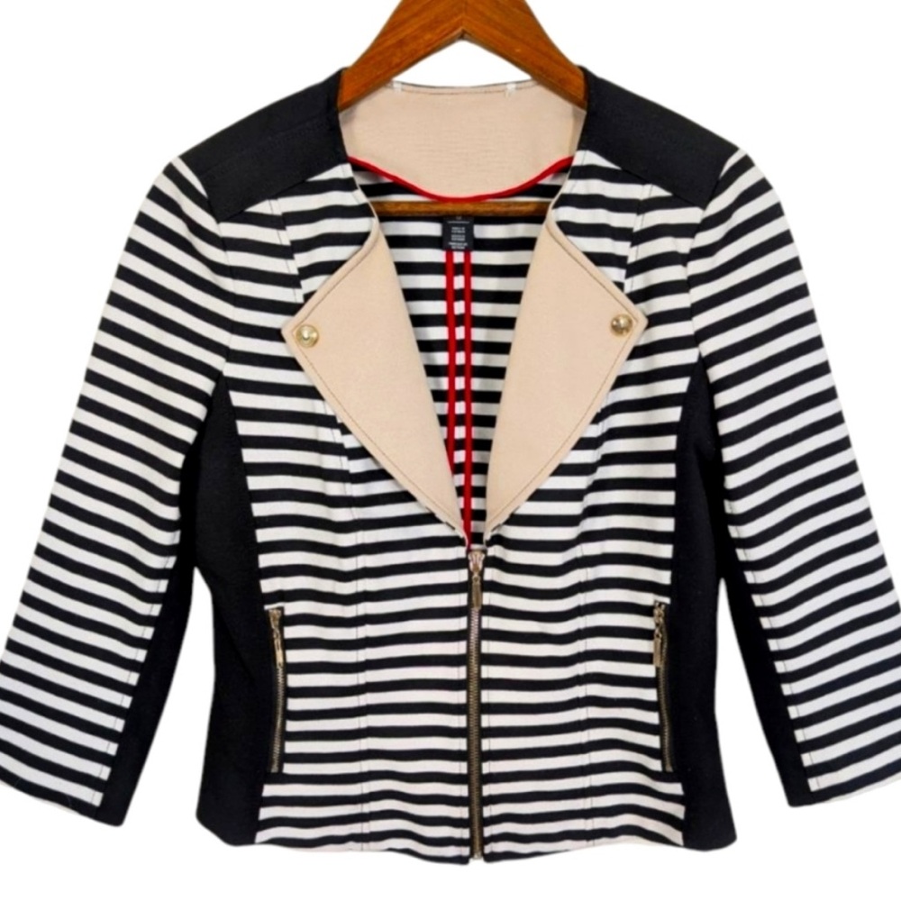 White House Black Market Black & White Striped Blazer with Cream Trim
